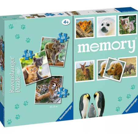 Ravensburger Gyvūnai 3 dėlionės 25, 36 ir 49 detalės ir Atminties žaidimas